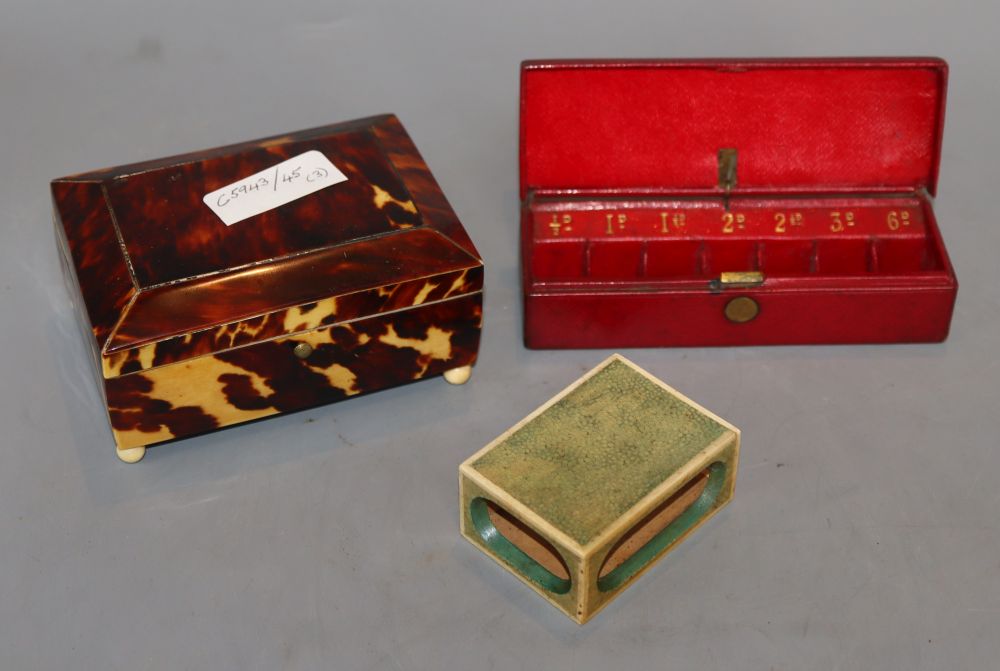 An Art Deco ivory and shagreen matchbox holder, a tortoiseshell trinket box and a stamp box